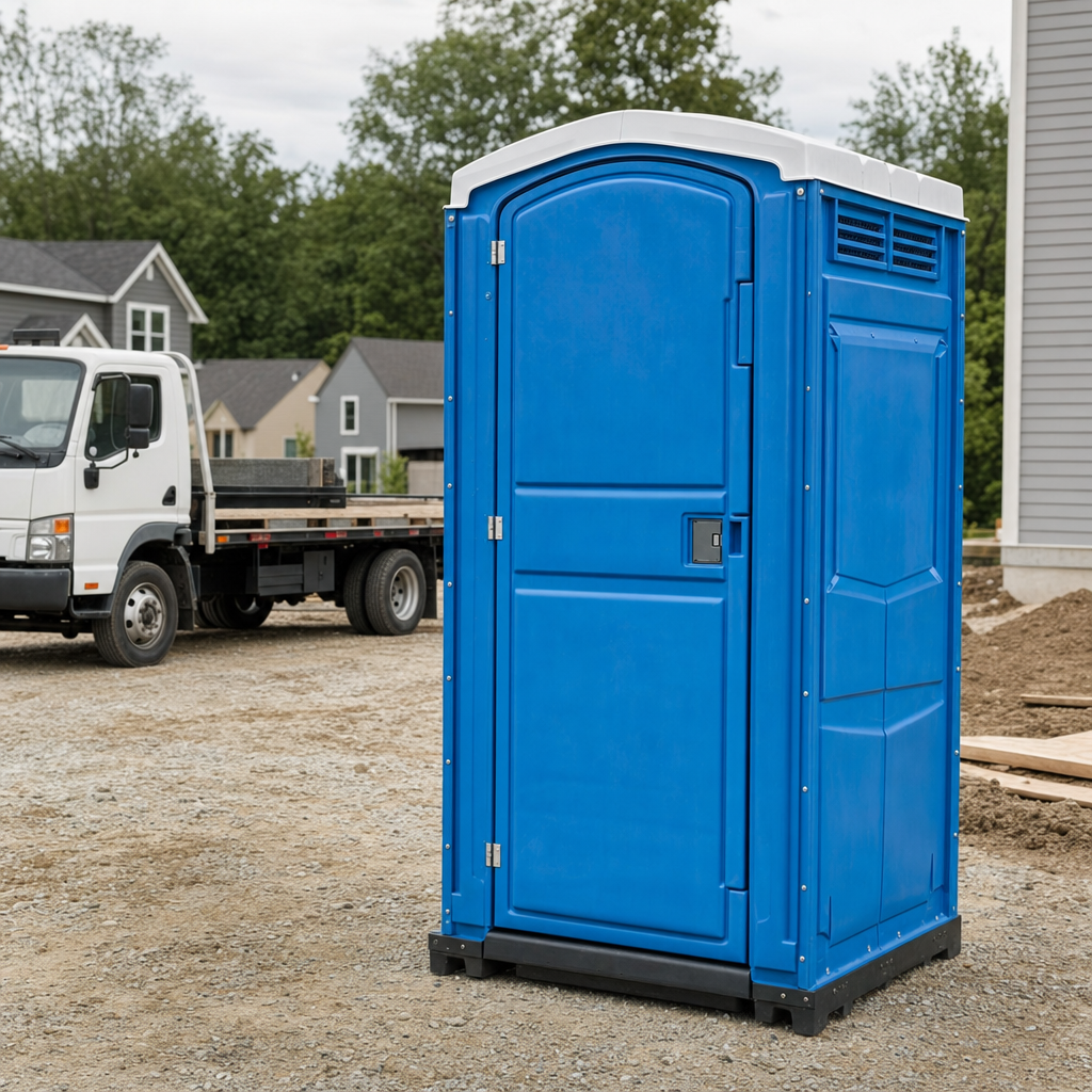 Delivery driver positioning a clean royal-blue portable toilet on level ground at a Melbourne worksite