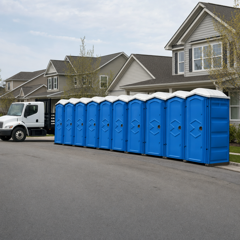 Royal blue portable toilets staged in a tidy row at a Melbourne jobsite, ready for delivery